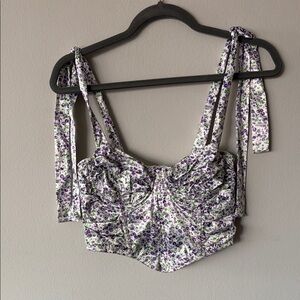 Purple and White Ruched Tie Front Crop Top